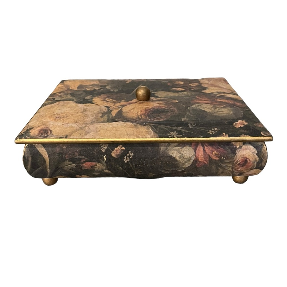 Decoline Victorian Floral Footed Jewelry Writing Trinket Rectangle Box